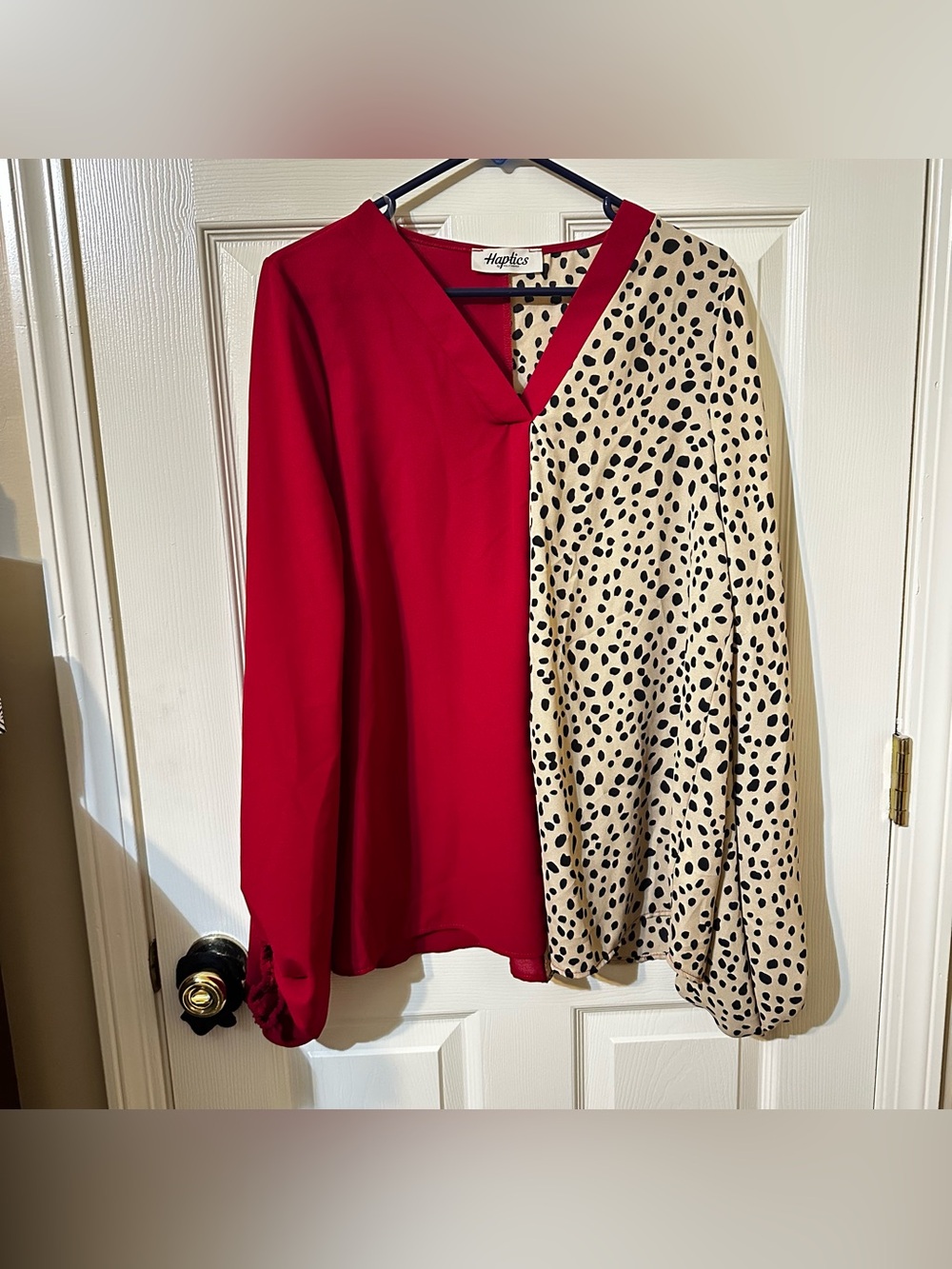 Red and Cream Leopard-Print V-Neck Blouse
